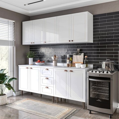 Cozinha Pérola com Tampo 4 Peças Aéreos com 5 Portas, Balcão 2 Gavetas 3 Portas e Balcão 2 Portas Yescasa Branco