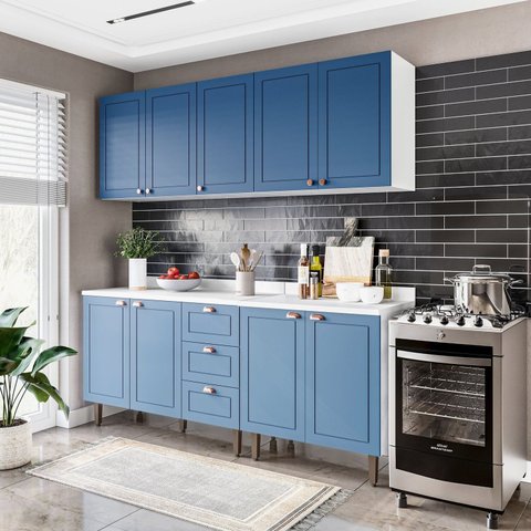 Cozinha Pérola com Tampo 4 Peças Aéreos com 5 Portas, Balcão 2 Gavetas 3 Portas e Balcão 2 Portas Yescasa Azul/Branco