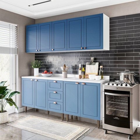 Cozinha Pérola com Tampo 4 Peças Aéreos com 5 Portas, Balcões Yescasa Azul/Branco