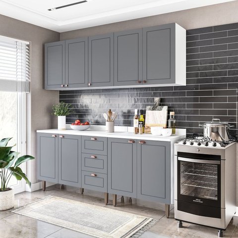 Cozinha Pérola com Tampo 4 Peças Aéreos com 5 Portas, Balcão 2 Gavetas 3 Portas e Balcão 2 Portas Yescasa Cinza/Branco