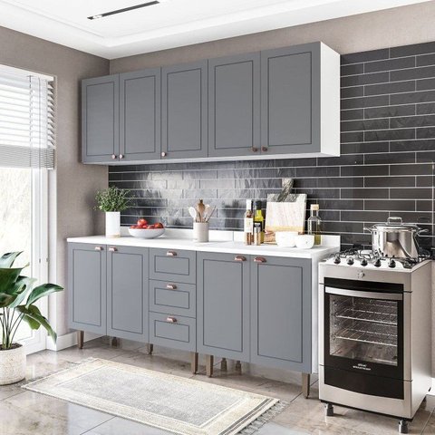 Cozinha Pérola com Tampo 4 Peças Aéreos com 5 Portas, Balcões Yescasa Cinza/Branco