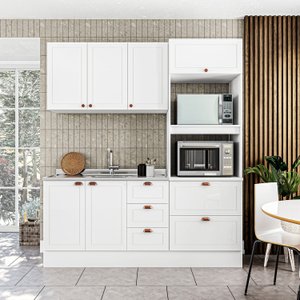 Cozinha Pérola com Rodapé Completa 3 Peças Aéreo 3 Portas e Balcão 2 Gavetas 3 Portas e Torre Quente