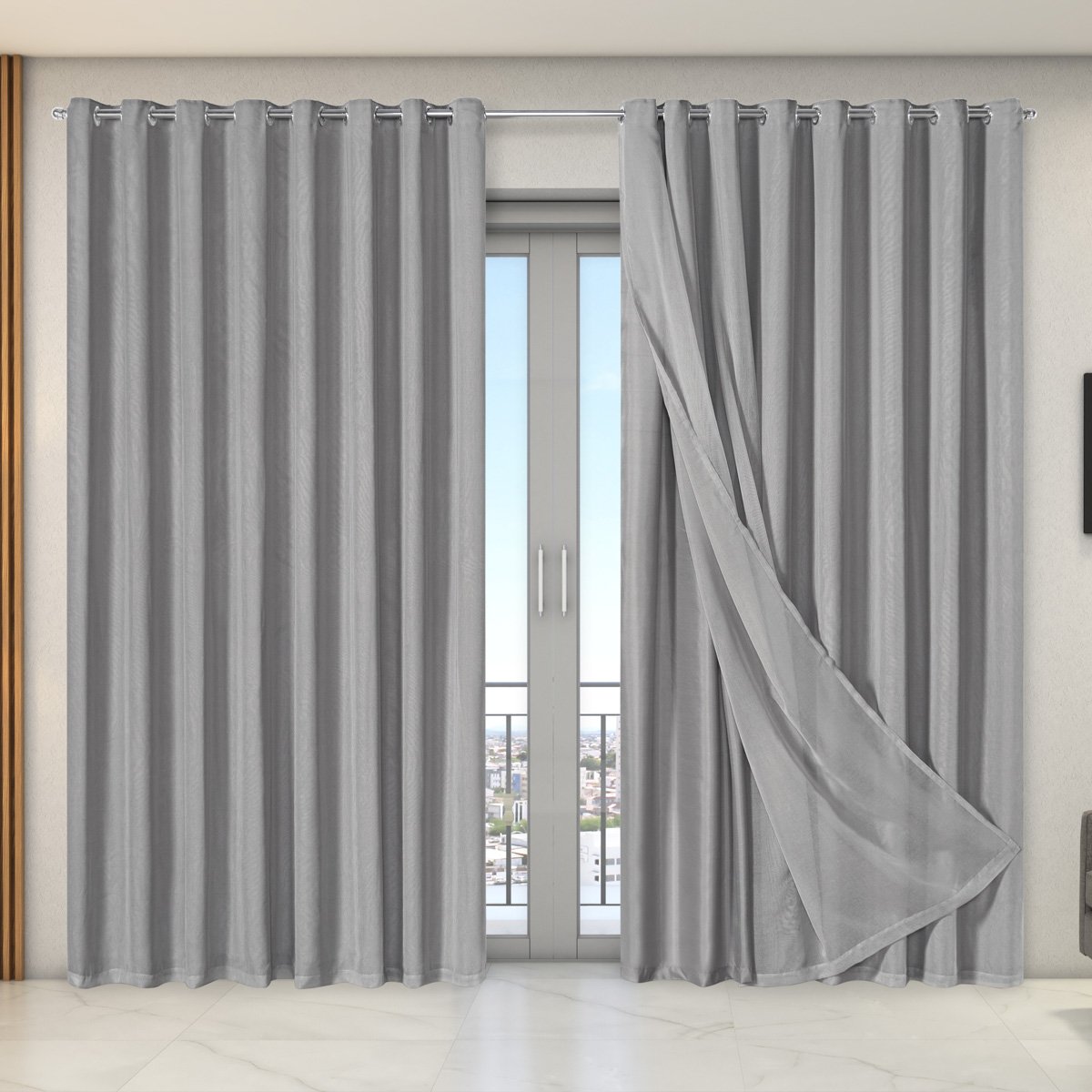 Cortina Dual Forro Voil Gaze Belga 2,70m X 2,30m Luxo Sala Quarto Porta Balcão Semi Blecaute Cinza