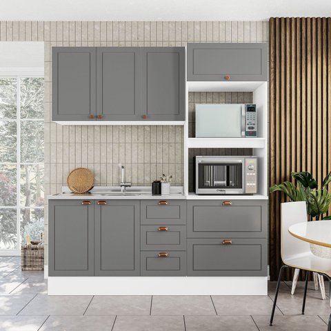 Cozinha Pérola com Rodapé Completa Modulada 3 Peças Aéreo 3 Portas e Balcão 2 Gavetas 3 Portas e Torre Quente Yescasa Cinza/Branco
