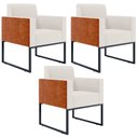 Ver imagem 1 de Kit 3 Poltronas Decorativas Sala Base Fixa Metal Helô L02 Linho Cru Couríssimo Camel - Lyam