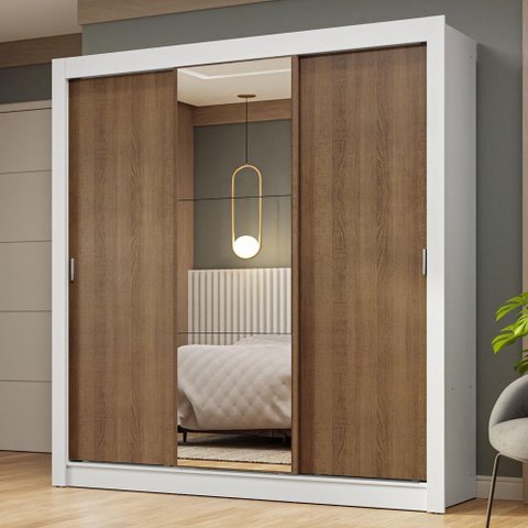 Guarda-roupa Casal 3 Portas de Correr com Espelho Branco/rustic Nobre Madesa Branco/rustic
