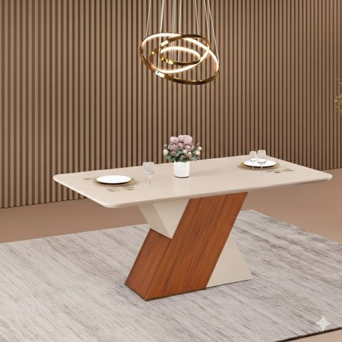 Mesa para Sala de Jantar 170cm Tampo Retangular com Vidro Rubi Bege/Freijó/Off White