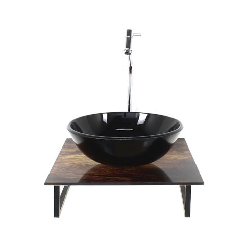 Gabinete de Vidro com Cuba Redonda com Tampo de Vidro 40cm X 40cm Madeira Rustica Mais Torneira Meta