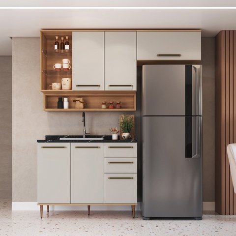 Cozinha Compacta Modulada 4 Peças com Nicho Decorativo Isabelle Bege/Freijó/Arenas