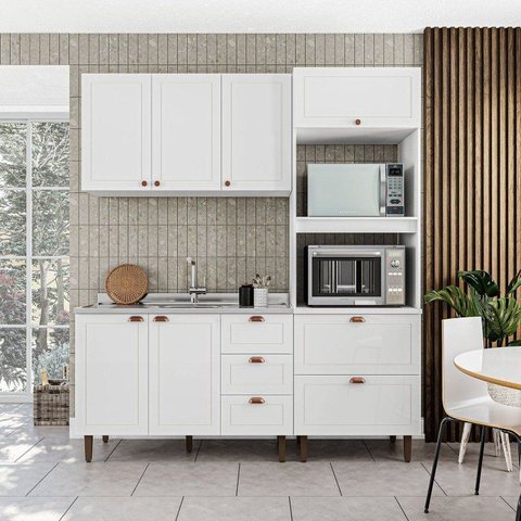 Cozinha Pérola Modulada 3 Peças Aéreo 3 Portas e Balcão 2 Gavetas 3 Portas e Torre Yescasa Branco