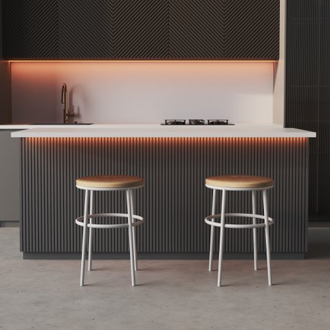 Kit 2 Banqueta Itália Redonda Estofada 65cm Aço Branco e Corino Bege Impermeável - Cozinha e Bar