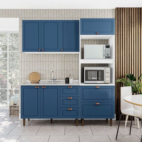 Cozinha Pérola Modulada 3 Peças Aéreo 3 Portas e Balcão 2 Gavetas 3 Portas e Torre Yescasa Azul
