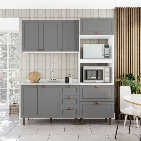 Cozinha Pérola Completa Modulada 3 Peças Aéreo 3 Portas e Balcão 2 Gavetas 3 Portas e Torre Quente Yescasa Cinza/Branco