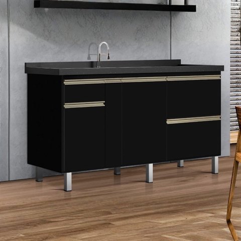 Gabinete Cozinha Mdf 1,44m Elegance com 5 Pés e Amplo Espaço:preto