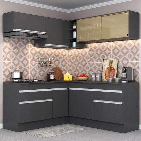 Armário de Cozinha Completa de Canto com Rodapé Veneza Multimóveis Mp2097.898 Preto/branco