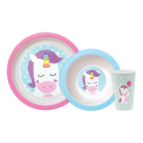 Kit Refeição Unicórnio Star 3 Peças Prato Tigela Copo