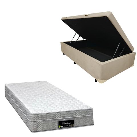 Cama Box Baú Blindada com Colchão Riviera Molas Ensacadas 25cm:suede Bege/solteiro