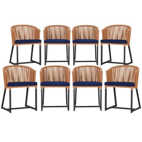 8 Cadeiras de Jantar Área Noronha em Alumínio com Pintura Preta Corda Náutica Estofado 10 Trama Orig