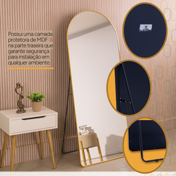 Espelho Grande Oval com Base Reta Moldura em Alumínio Bronze Corpo Inteiro 150x60cm Suporte de Chão - 6