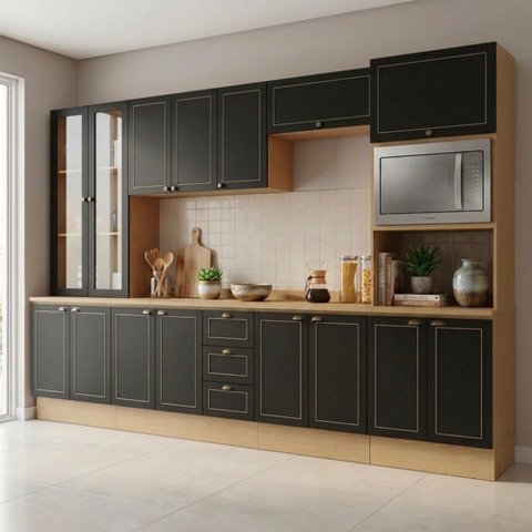 Cozinha Modulada 6 Peças Aéreos, Balcões, Cristaleira e Tampo Conecta Frise Yescasa Cinamomo/Preto