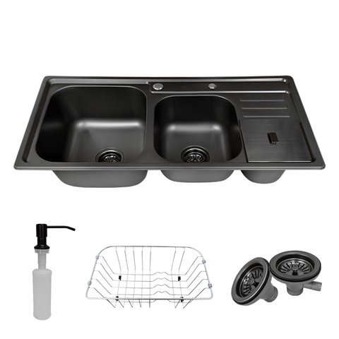 Cuba Pia Dupla com Lixeira para Cozinha Gourmet na Cor Preta em Aço Inox 201 - Tubrax