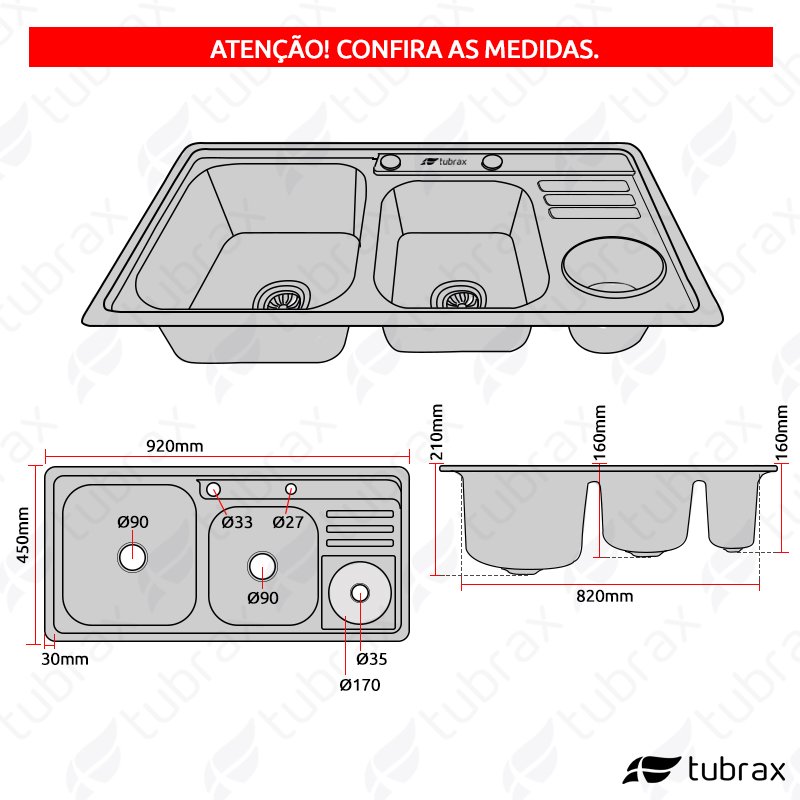 Cuba Pia Dupla com Lixeira para Cozinha Gourmet na Cor Preta em Aço Inox 201 - Tubrax - 7