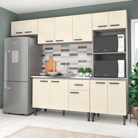 Cozinha Modulada com Balcão Pia Max 262 Cm Armário Nicho Forno Mdp Cinza Champanhe - Clicklar