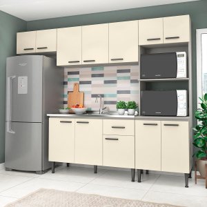Cozinha Modulada com Balcão Pia Max 262 Cm Armário Nicho Forno MDP Cinza Champanhe - ClickLar