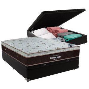 Cama Box Baú Blindado e Reforçado Casal Preto e Colchão Sleep King Molas Ensacadas Ortobom