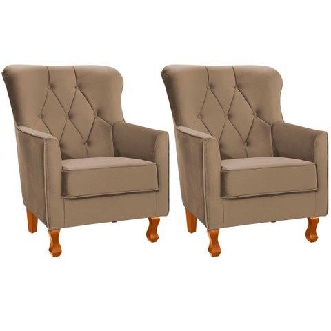 Kit 2 Poltronas para Sala Decorativas C/ Capitonê Carrara Veludo Castor