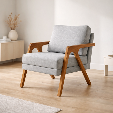 Poltrona Mona Luxo Madeira Maciça Linho Cinza para Sala de Estar Decorativa Moderna