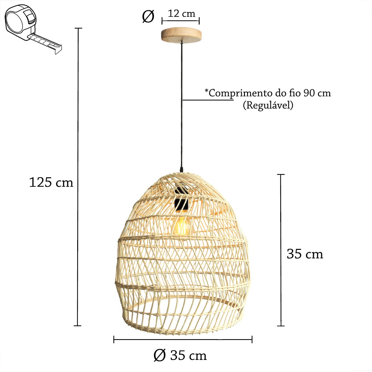 Pendente em Fibra Natural Rattan Artesanal Mesa Sala Nat16 - 6