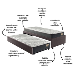 Bicama Box Solteiro Courino Linho Marrom 88x188 com Dois Colchões Adapto Molas Ensacadas Ecoflex - 4