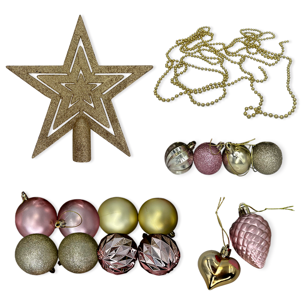 Kit Enfeites de Natal Bolas Estrela Dourado e Rosa Completo - 3