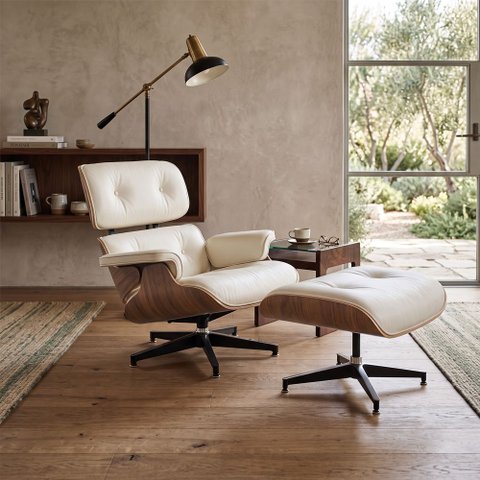 Poltrona Charles Eames com Puff Couro Natural Linha Premium Design Atemporal Sala Luxo - Branco