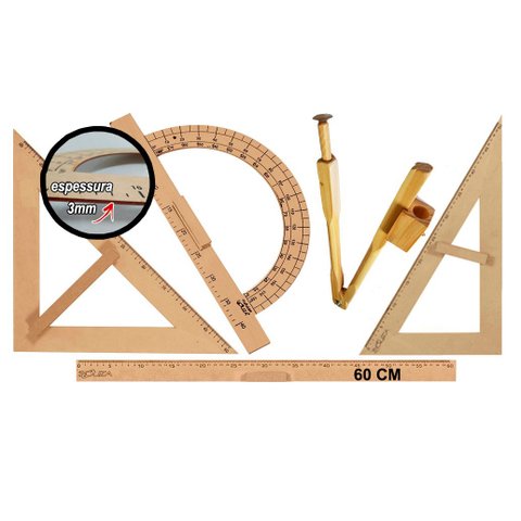 Conj 6 Kit Geométrico do Professor MDF com Régua 60 cm, Compasso para Quadro Branco, Esquadro 30/60 