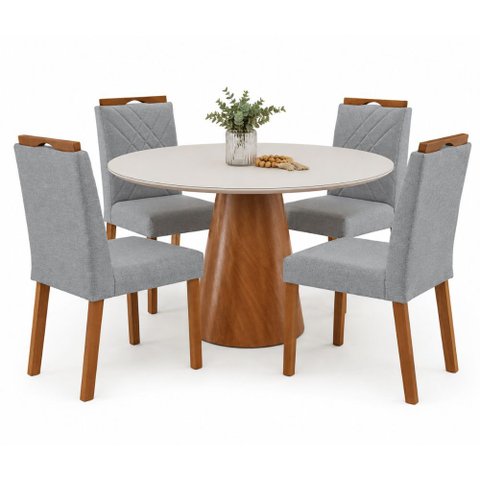 Conjunto Sala de Jantar Mesa Gênova 110cm Tampo Redondo Vidro Off White com 4 Cadeira
