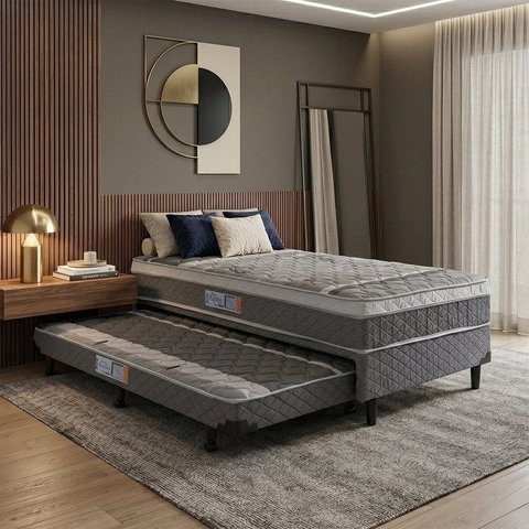 Cama Box Solteiro com Auxiliar D28 Aspen 88 Cinza/Branco Hellen Colchões