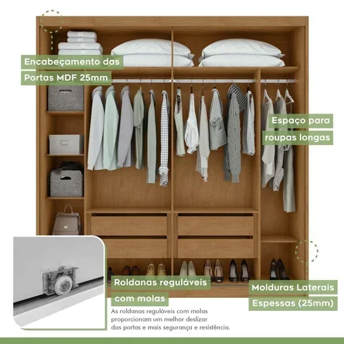 Guarda Roupa Casal com Espelho 2 Portas 4 Gavetas Velaris Lopas Amêndoa - 4