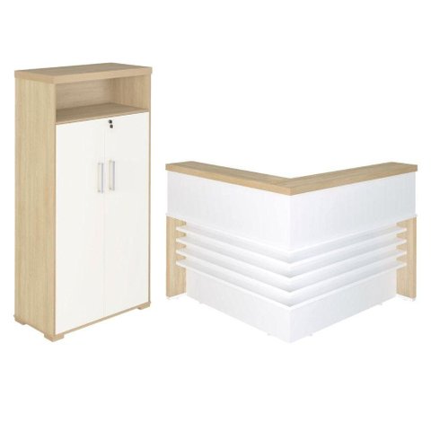 Mesa Balcao Recepcao 148x148 cm e Armário com Nicho 173x90 cm Carvalho Branco Artany