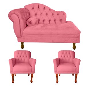 Kit Divã Recamier Sofá Imperial 120 Cm + 2 Poltronas Suede:rosa