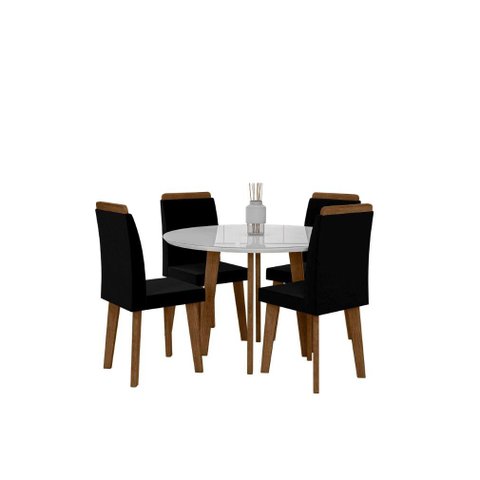 Conjunto Mesa de Jantar Malina 4 Lugares Sala Redonda com Vidro Modelo Retrô com Pés em Madeira Cor