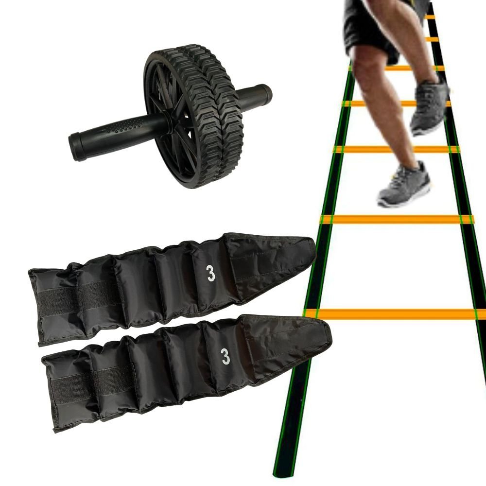 Kit Treino Funcional Roda Abdominal Escada Par de Caneleira 3kg - 2