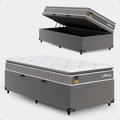 Cama Box Baú Solteiro + Colchão Life D33 Pillow Top 61x88x188cm - Cinza- e-Shop Casa