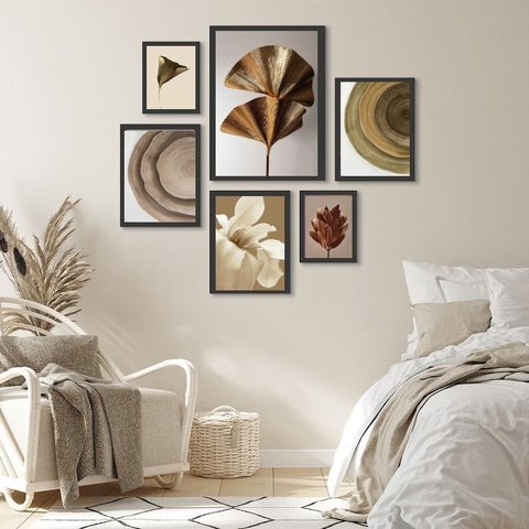 Composição 6 Quadros Decorativos Bege Marrom e Dourado:madeira Branca