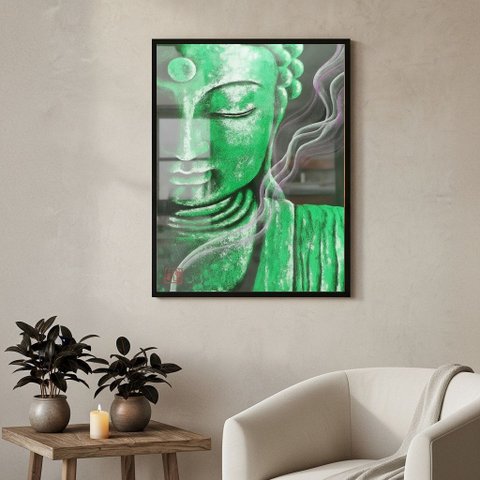 Quadro Decorativo Buda Verde - 70x50cm:moldura Branca