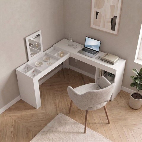 Escrivaninha Mesa Escritório Penteadeira em L de Canto 130,5x135,5cm Branco