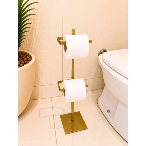 Suporte de Papel Higiênico Dourado Premium de Chão Turim Barra Chata Reforçado para Banheiros