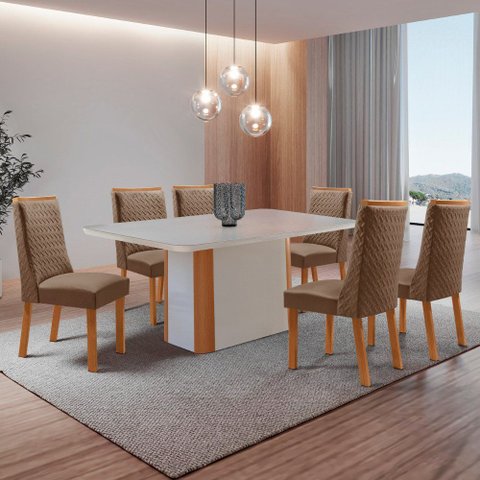 Mesa de Jantar Isadora 180cm Tampo MDF Vidro Canto Copo com 6 Cadeiras Carolina