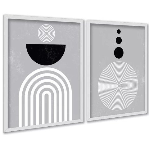 Kit 2 Quadros Cinzas Linhas Preto Branco 24x18cm:moldura Branca